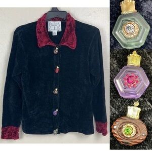 Vtg  J Two New York Black Maroon Cardigan Sweater w Perfume Bottle Buttons LARGE